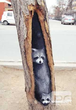 石家庄“树洞画”女孩走红 只为城市添一抹色彩