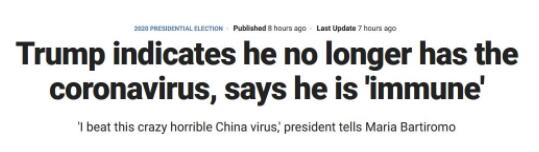 特朗普发推称已“免疫”，推特经标记其为误导性言论