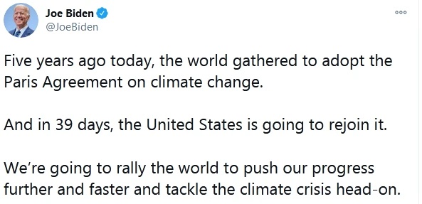 拜登:39天后美将重新加入巴黎协定 将团结全世界直面应对气候危机 拜登:39天后美国将重新加入《巴黎协定》