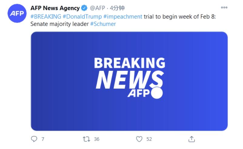 外媒:特朗普弹劾案审讯2月8日开始 美众议院将提交劾案文件