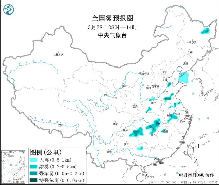 大雾黄色预警：山东安徽江苏湖北湖南贵州等局地有强浓雾